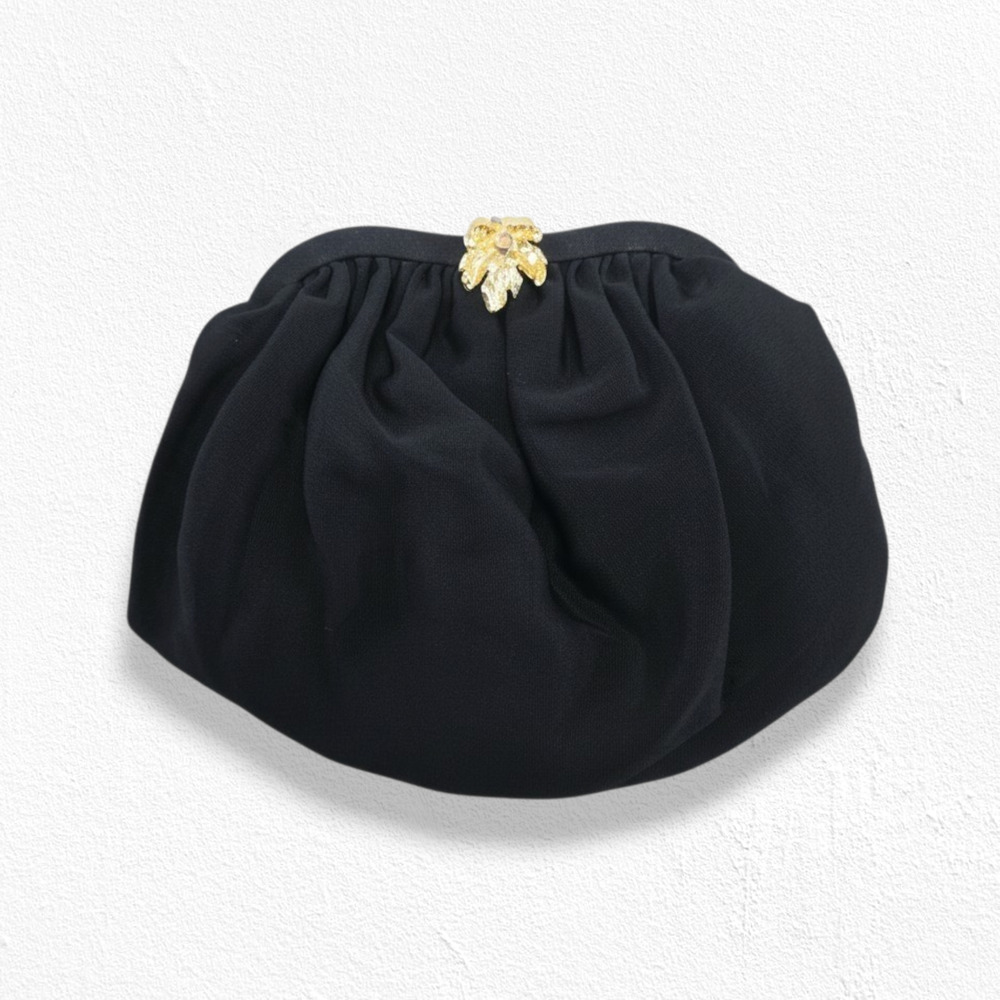 Vintage 1950s Black Evening Clutch Gold Leaf Clasp Frame Bag Mid Century Purse